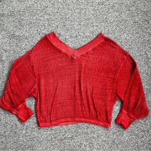 We The Free Orange Red V Neck Boho Oversized Balloon Sleeve Thermal Shirt